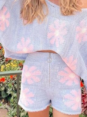 Storia Pastel Blue & Pink Floral Off-Shoulder Knit Sweater